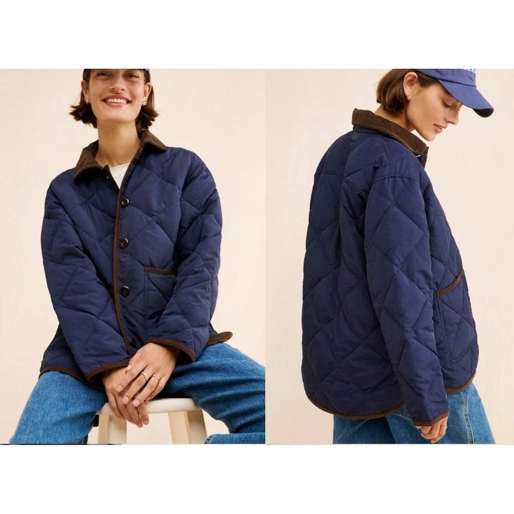 Alex Mill Navy Blue Diamond Quilted Barn Jacket Brown Corduroy Trim Medium